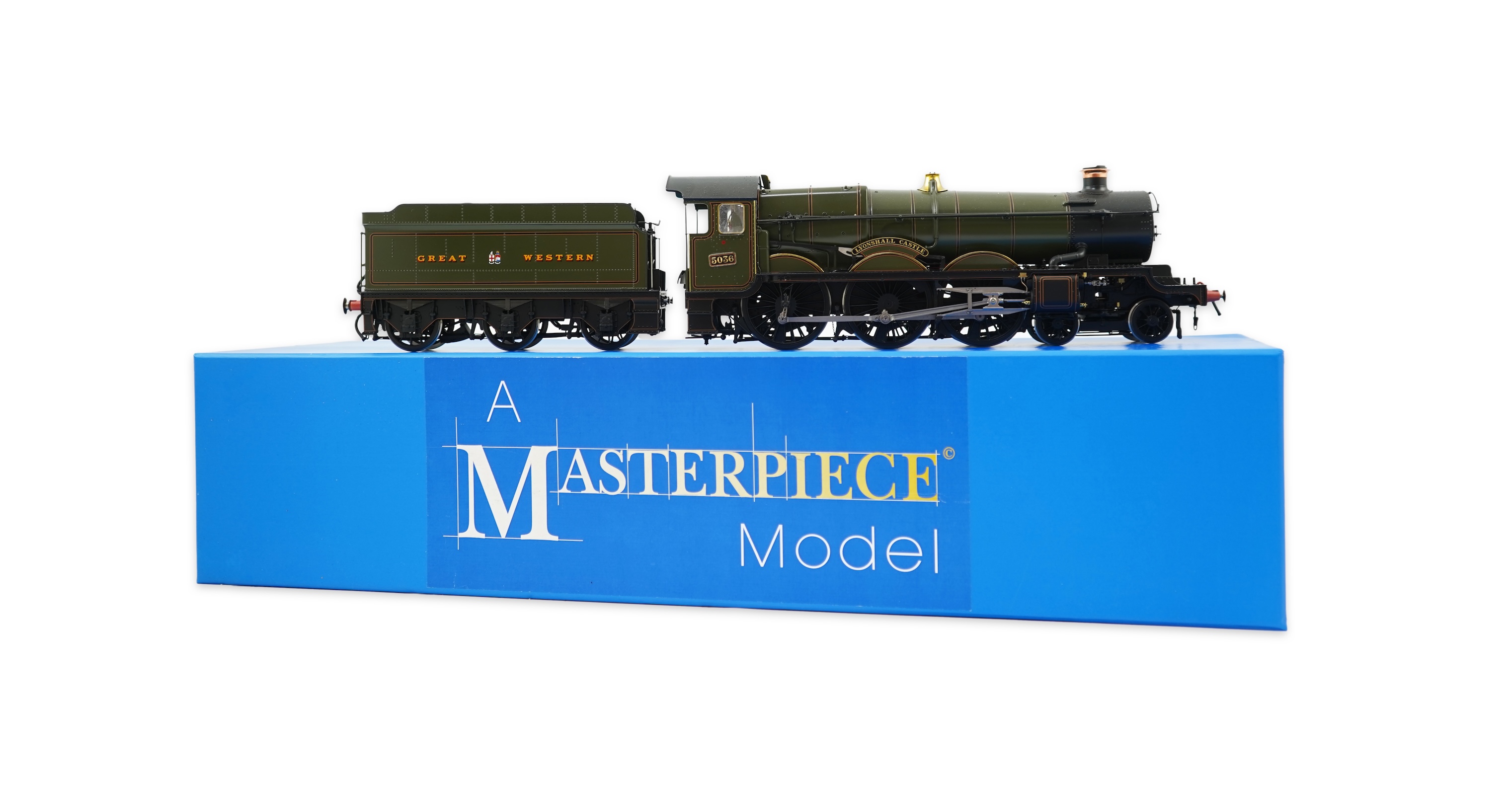 An 0 gauge Masterpiece Models model of GWR Castle Class, Lyonshall Castle 5036, 4-6-0 tender locomotive, powered for two rail operation, with original box, instruction booklet and other paperwork.